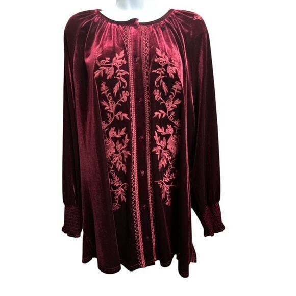 Calessa 3X Top Burgundy Red Floral Embroidered Velvet Velour Smock Sleeve Cuffs - Picture 1 of 5